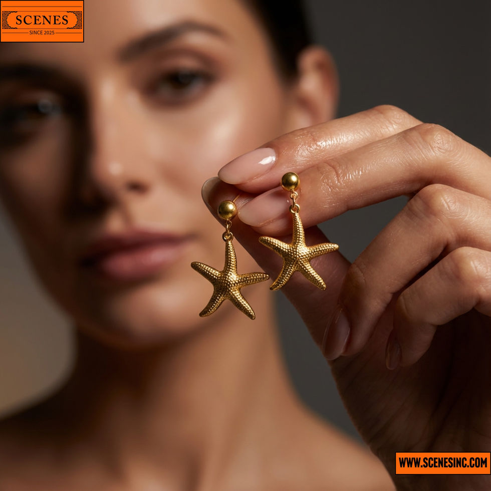 model showcasing a pair of Star-Fish-Themed Drop Ear-Rings 1