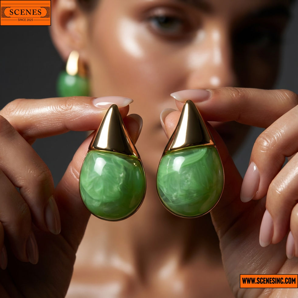 model showcasing a pair of Drop-Shape Jade Studs