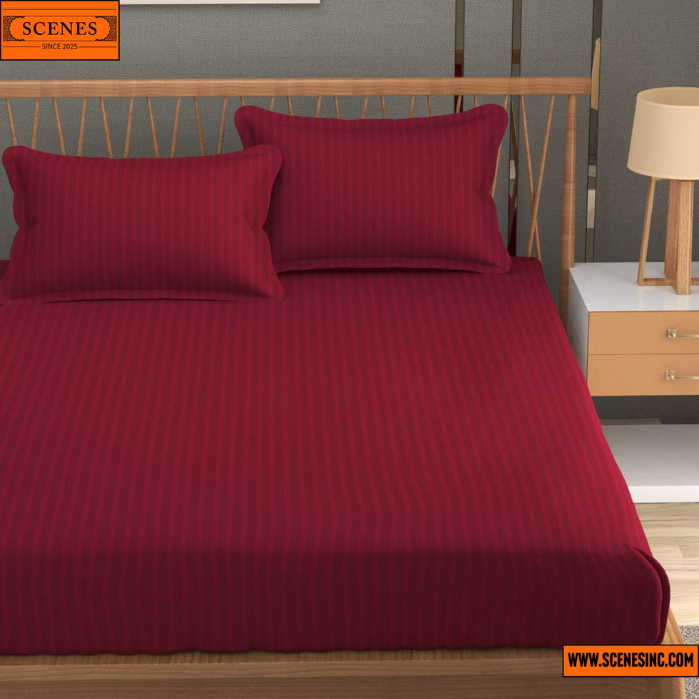 front shot of HomeFab India Stripe Glace Cotton Double-Bed Size Bed-Sheet Set (Maroon)