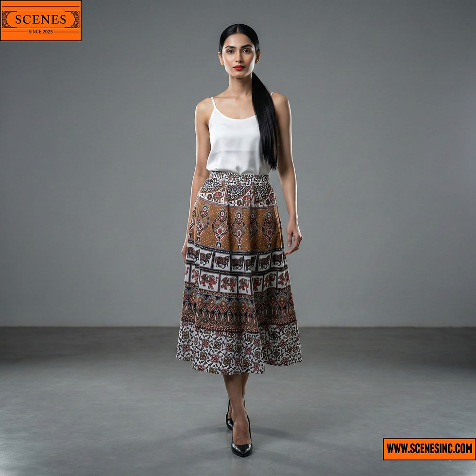 model front shot of Rajasthani-Print Full-Flared Long-Skirt 10