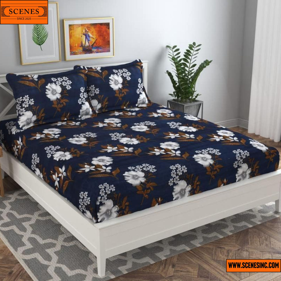 display shot of a bed with BSB HOME Floral Dark-Blue & White Double-Bed Size Bed-Sheet Set