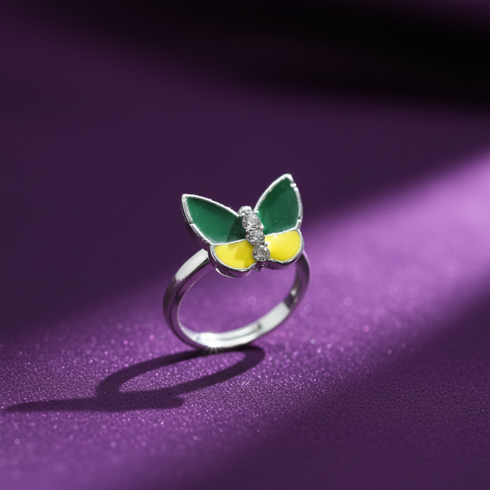 front shot of green & yellow finger-ring