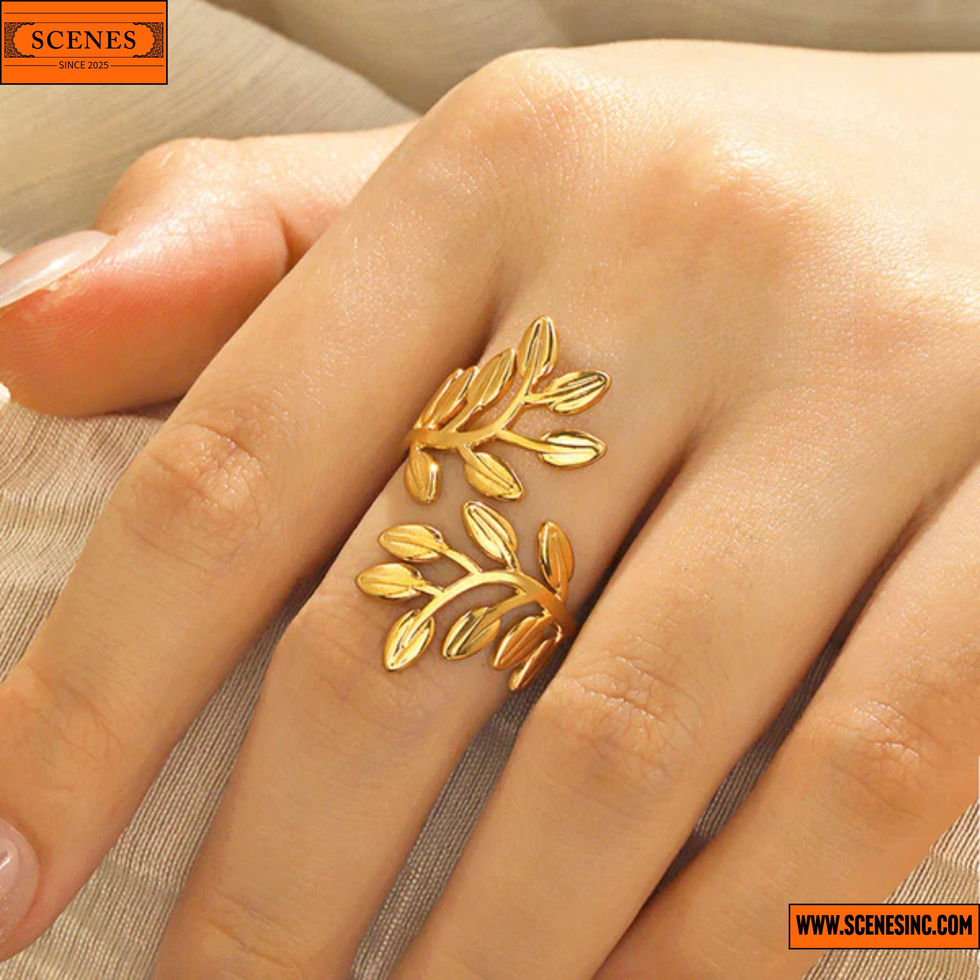 model 1 wearing a Leaf-Themed Adjustable Contemporary Finger-Ring 1
