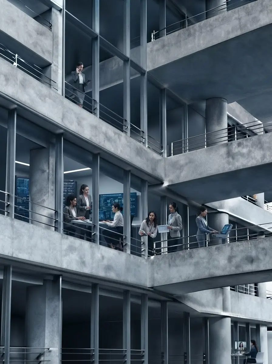 Architectural photography of a modern, multi-level office interior. Several professionals are seen collaborating and working on laptops in a sleek, structured environment.