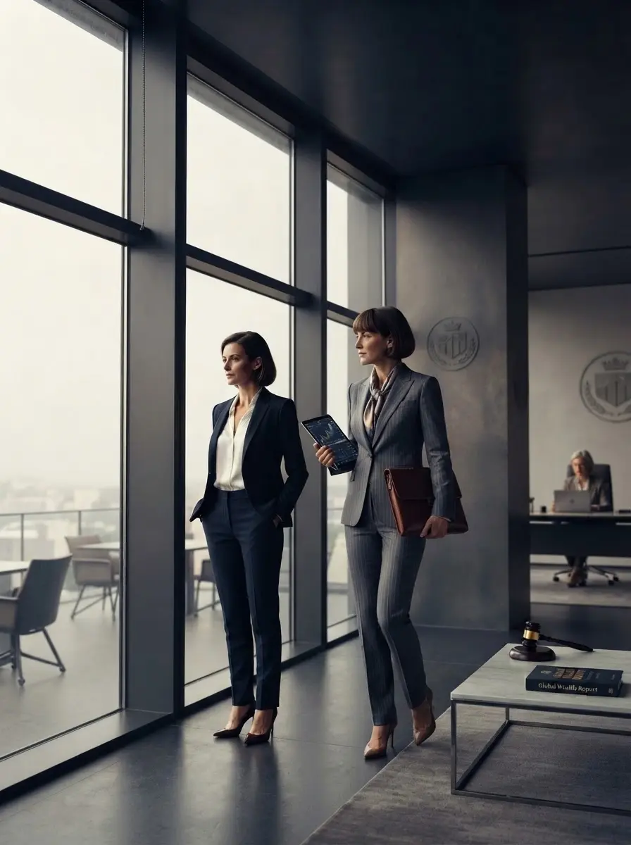 Digital illustration of two professional women in suits standing by a large window in a modern office. They appear to be discussing business or contemplating strategy in a sophisticated corporate setting.
