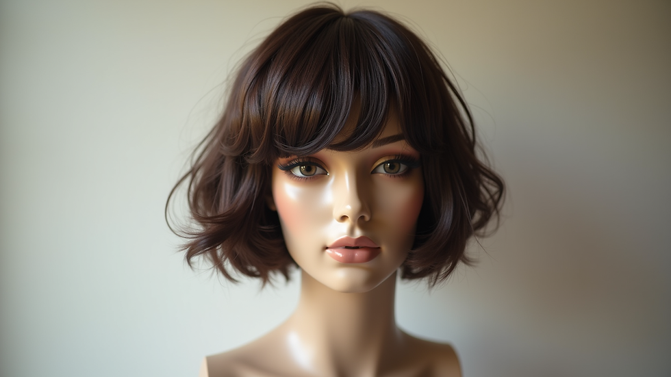 Eye-level view of a short bob wig styled with soft waves on a mannequin head