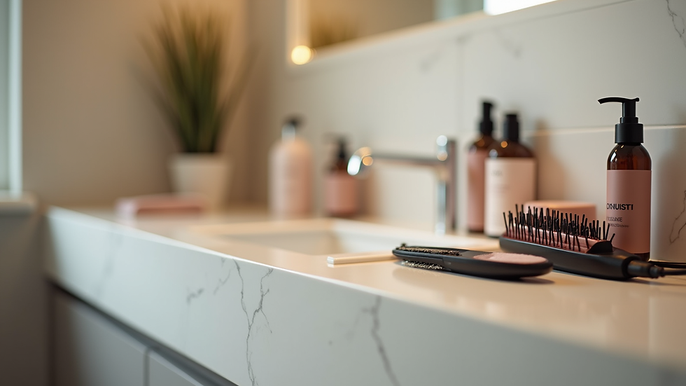 Eye-level view of hair styling tools and products on a bathroom counter