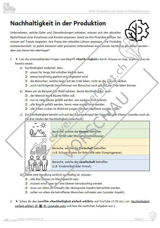 Miniaturbild: Arbeitsblatt Unterrichtsmaterial WAH Produktion Nachhaltigkeit
