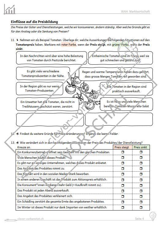 Miniaturbild: Arbeitsblatt Unterrichtsmaterial Marktwirtschaft Lehrplan 21 Angebot Nachfrage Preisbildung Wirtschaftskreislauf