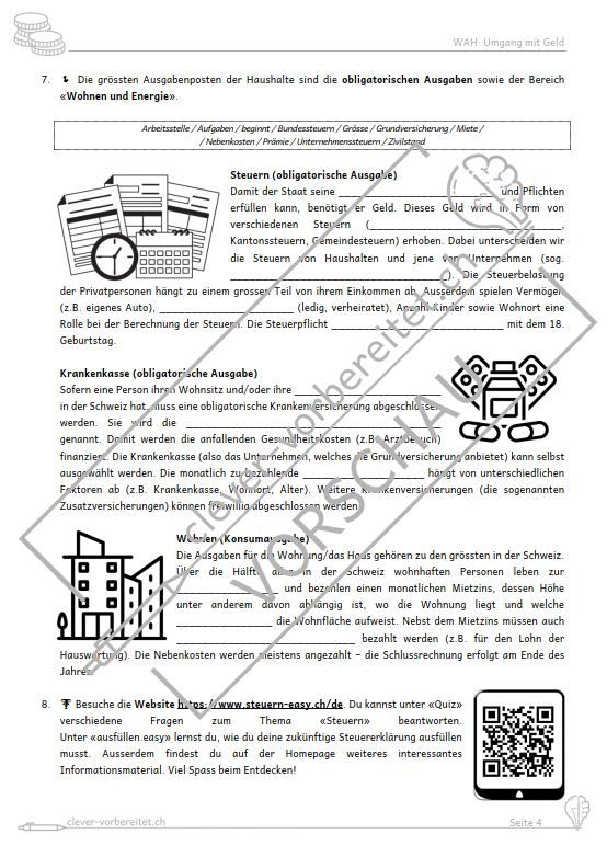 Miniaturbild: Arbeitsblatt Unterrichtsmaterial Geld Lebensführungskosten