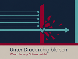 Sechs petrolfarbene Linien enden vor einer burgunderfarbenen Mauer, eine siebte Linie durchbricht die Mauer und läuft als Pfeil weiter.