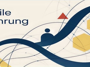 Abstraktes Artwork zur agilen Führung: Geometrische Formen und Netzwerkstrukturen in Navy, Gold und Rot auf cremeweißem Hintergrund mit dem Schriftzug 'Agile Führung' in moderner Poppins-Light-Schrift, Symbol für Transformation und Innovation