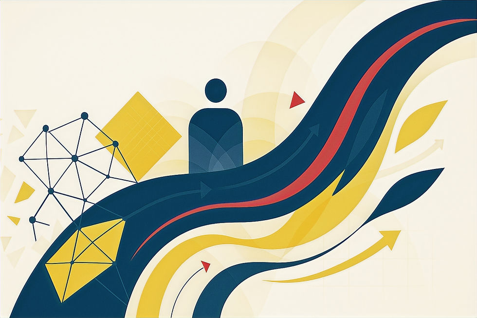 Abstrakte digitale Illustration zur agilen Führungstransformation: Geometrische Formen in Navy, Gold und Rot auf cremeweißem Hintergrund mit dynamischem Fluss von links nach rechts; Netzstrukturen, Pfeile und Layer symbolisieren den Wandel von Komplexität zu Klarheit