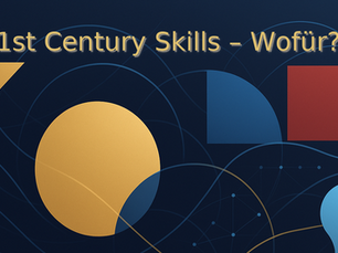 Abstrakte Grafik: „21st Century Skills – Wofür?“ Vernetzte Formen in Blau/Gold/Rot symbolisieren Kollaboration, Innovation und digitale Transformation im Leadership-Coaching.