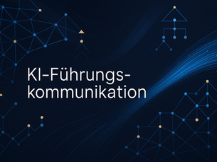 Abstrakte digitale Grafik zur KI-Führungskommunikation: Vernetzte geometrische Strukturen, blaue Datenströme und goldene Akzente symbolisieren moderne Leadership-Kommunikation mit künstlicher Intelligenz, auf dunkelblauem Hintergrund mit dem Schriftzug ‚KI-Führungskommunikation.