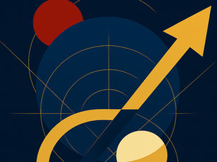 Abstrakte digitale Grafik mit geometrischen Formen: Eine goldene Pfeilform durchschneidet konzentrische Kreise auf dunkelblauem Hintergrund, begleitet von roten, goldenen und blauen Elementen – symbolisiert Wachstum, Klarheit und strategische Ausrichtung.