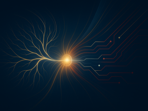 Abstrakte digitale Darstellung der Verbindung zwischen menschlichem und künstlichem neuronalen Netzwerk in Dunkelblau, Gold, Rot und Weiß – symbolisiert moderne Kommunikation und Zusammenarbeit zwischen Mensch und KI im Führungskontext.