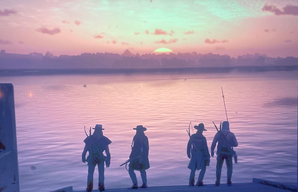 Virtual avatars look out over a lake at sunset