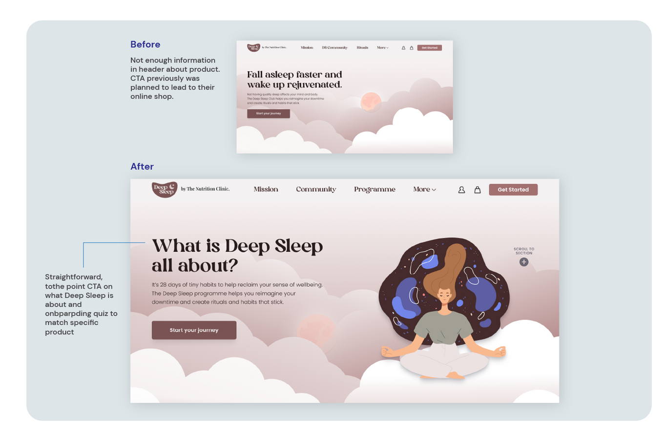 Wireframe iteration 1 — hero section before and after