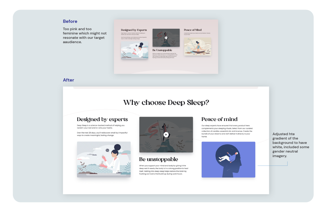Wireframe iteration 2 — visual identity before and after