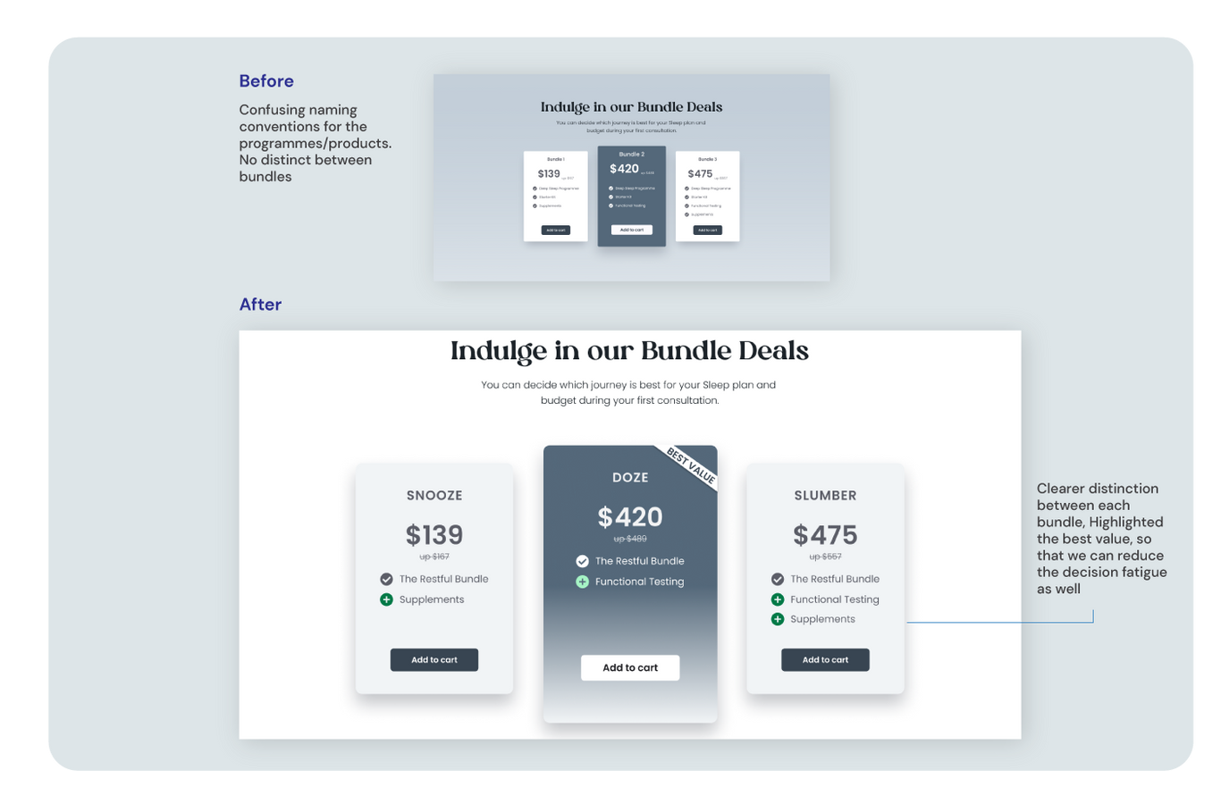 Wireframe iteration 3 — product naming before and after