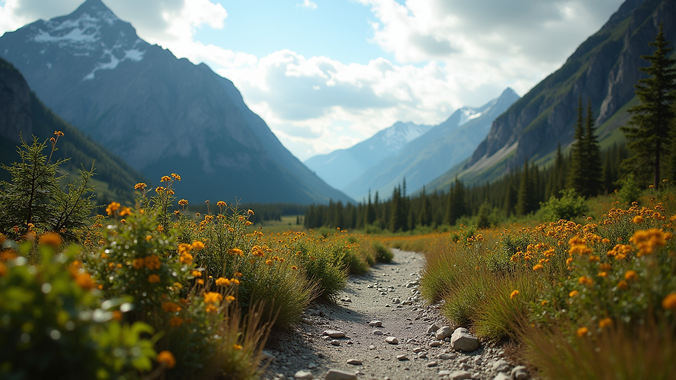 Eye-level view of a scenic mountain trail in Kluane National Park