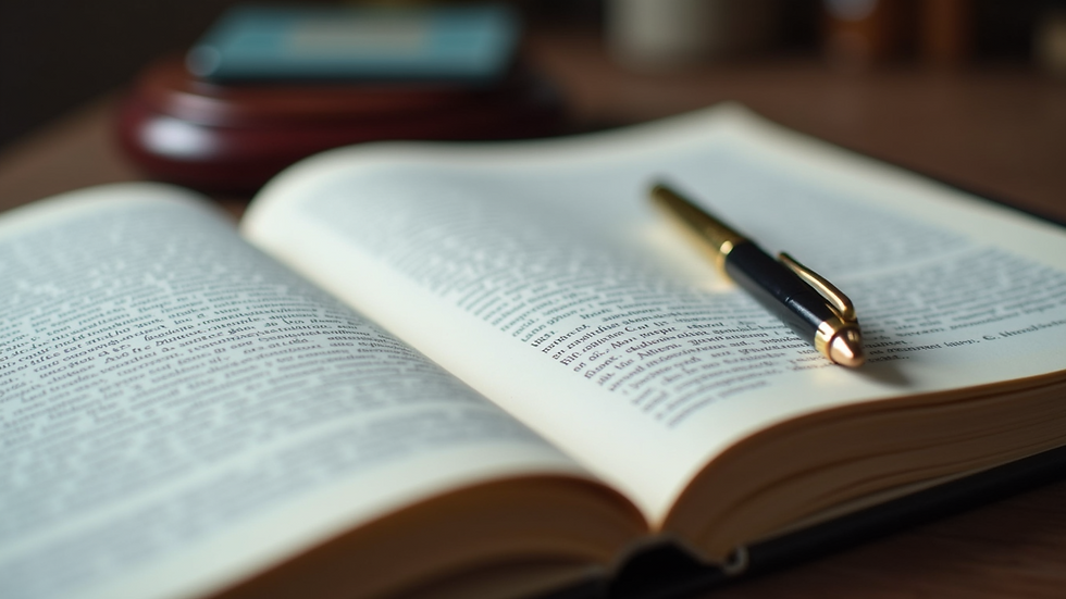High angle view of a legal book open on a desk with a pen