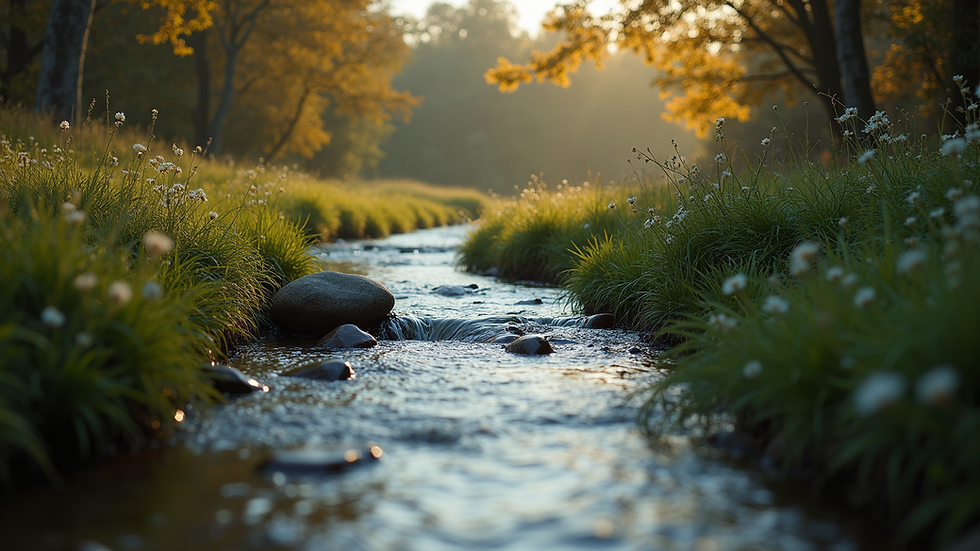 High-angle view of a tranquil nature scene with a flowing stream