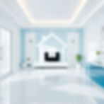 _A clean, modern home interior with soft blue and white tones, sparkling surfaces, and a s