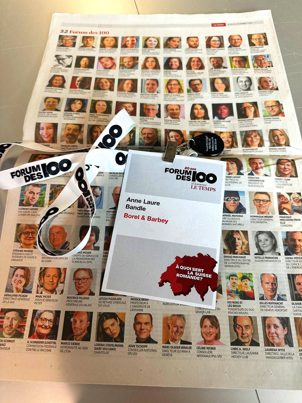 Copy of the list of the 100 nominees by Le Temps and of a conference badge for Anne Laure Bandle, Borel & Barbey