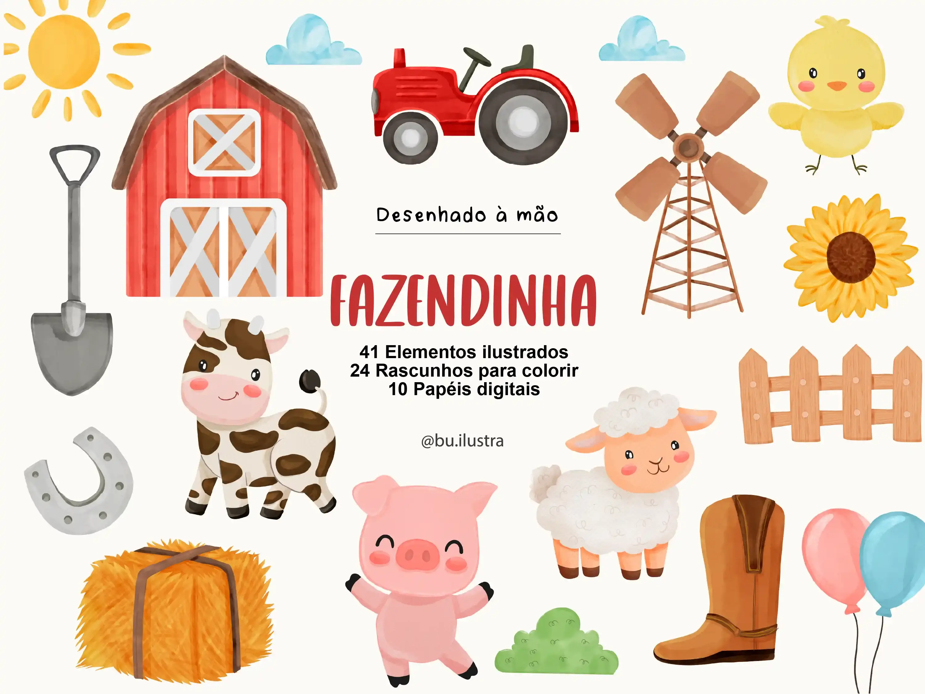 Coleção de 41 elementos ilustrados de fazendinha, com animais, celeiros, tratores e acessórios em cores suaves.