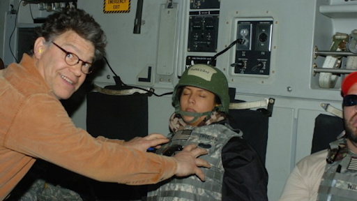 Al Franken steps down after images of him groping female members of the military press corp go public. https://www.theatlantic.com/politics/archive/2017/11/franken-allegations/546092/
