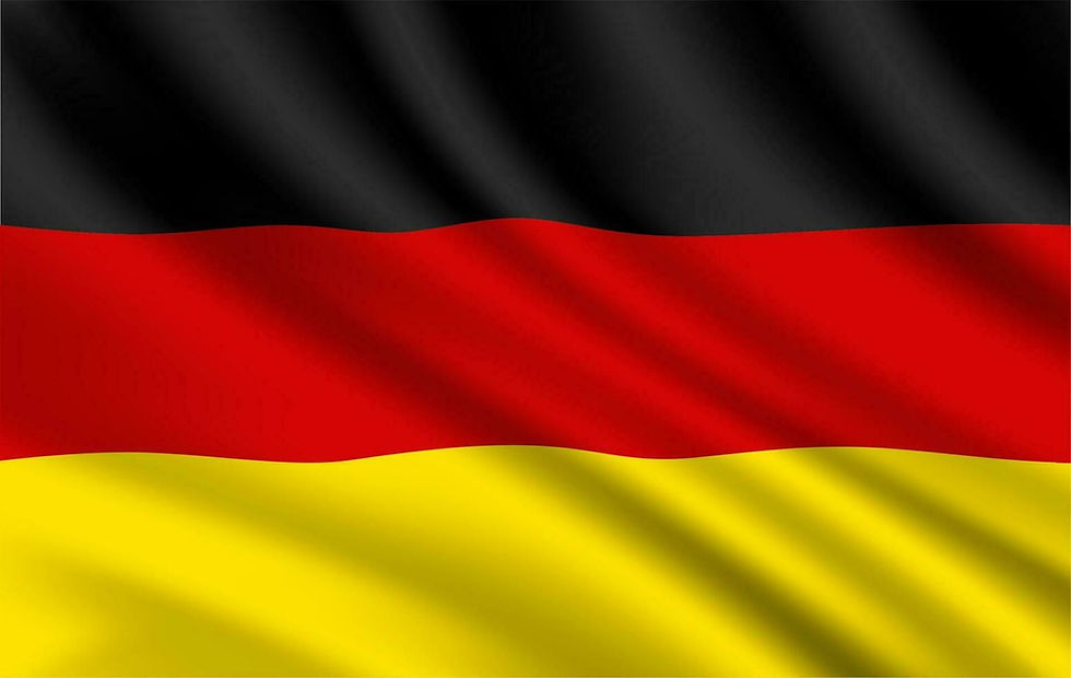 The image shows the German flag waving, featuring horizontal black, red, and yellow stripes. The fabric appears textured and dynamic.