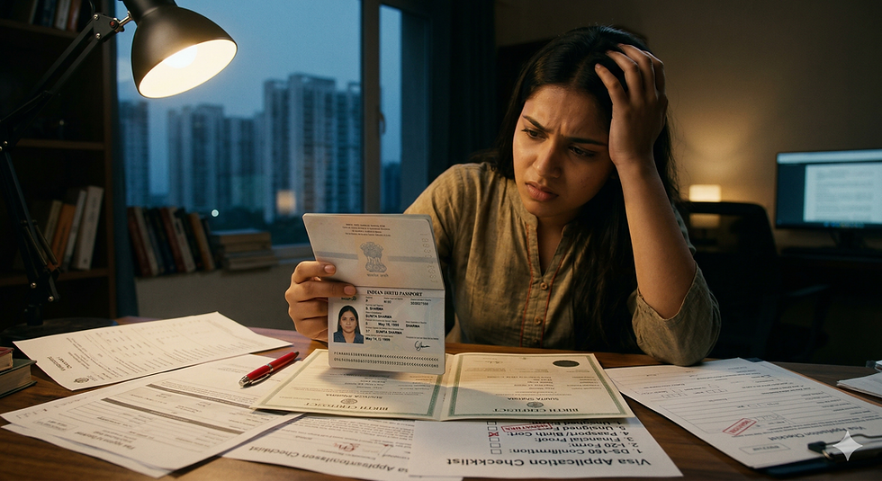 A woman looks at her passport, appearing worried, seated at a desk cluttered with documents. A lamp illuminates the scene; cityscape visible.