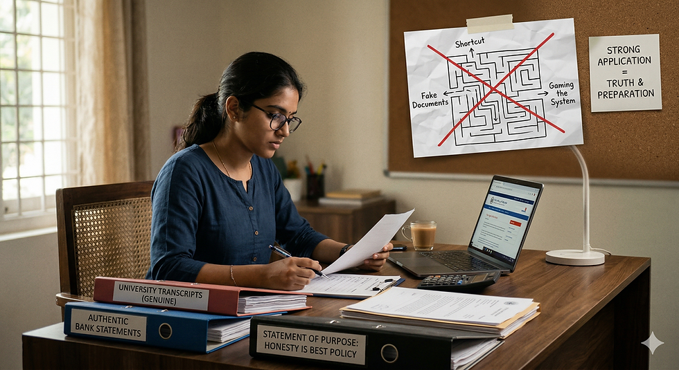 A woman studies documents at a desk with labeled folders. A laptop displays a website. Signs emphasize honesty in applications. Bright room.