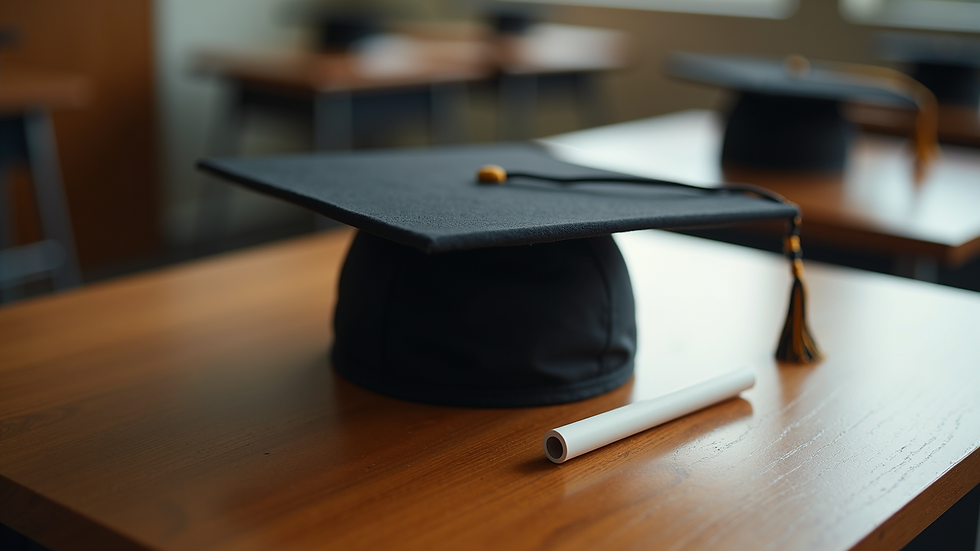 High angle view of graduation cap on a university desk