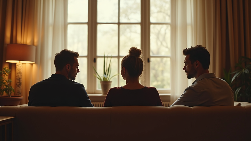 Vue rapprochée d’un couple discutant calmement dans un salon lumineux