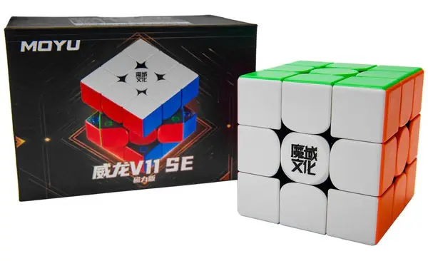 Close-up view of a Moyu cube on a white surface