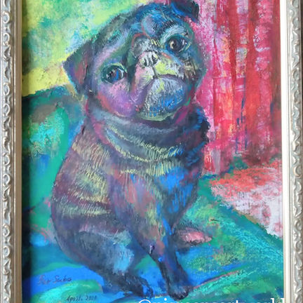 A black pug sits on the sofa. The colours are vibrant.