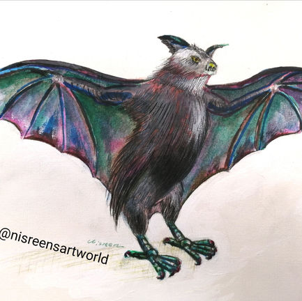 A fantasy animal that looks like a bat and a dragon with colourful wings and a  black body.