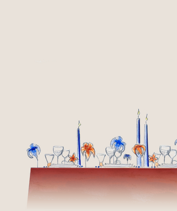 Croquis fait à la main puis à l'aquarelle pour une scénographie de table colorée