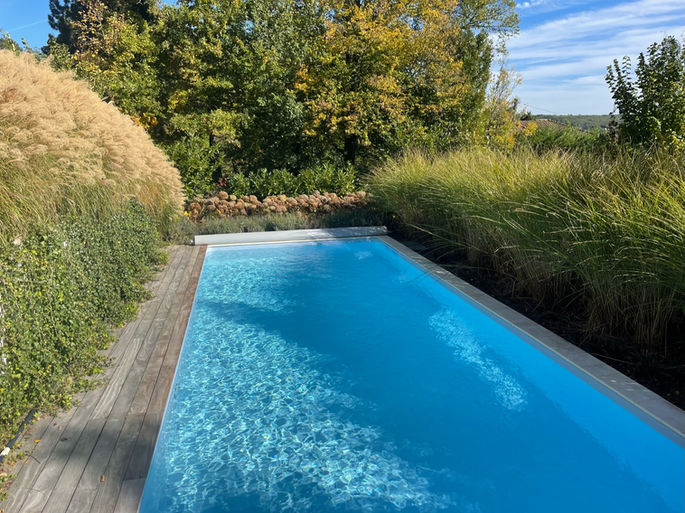 Des graminées, du miscanthus, une haie végétale qui occulte bien la piscine de la vue des voisins.