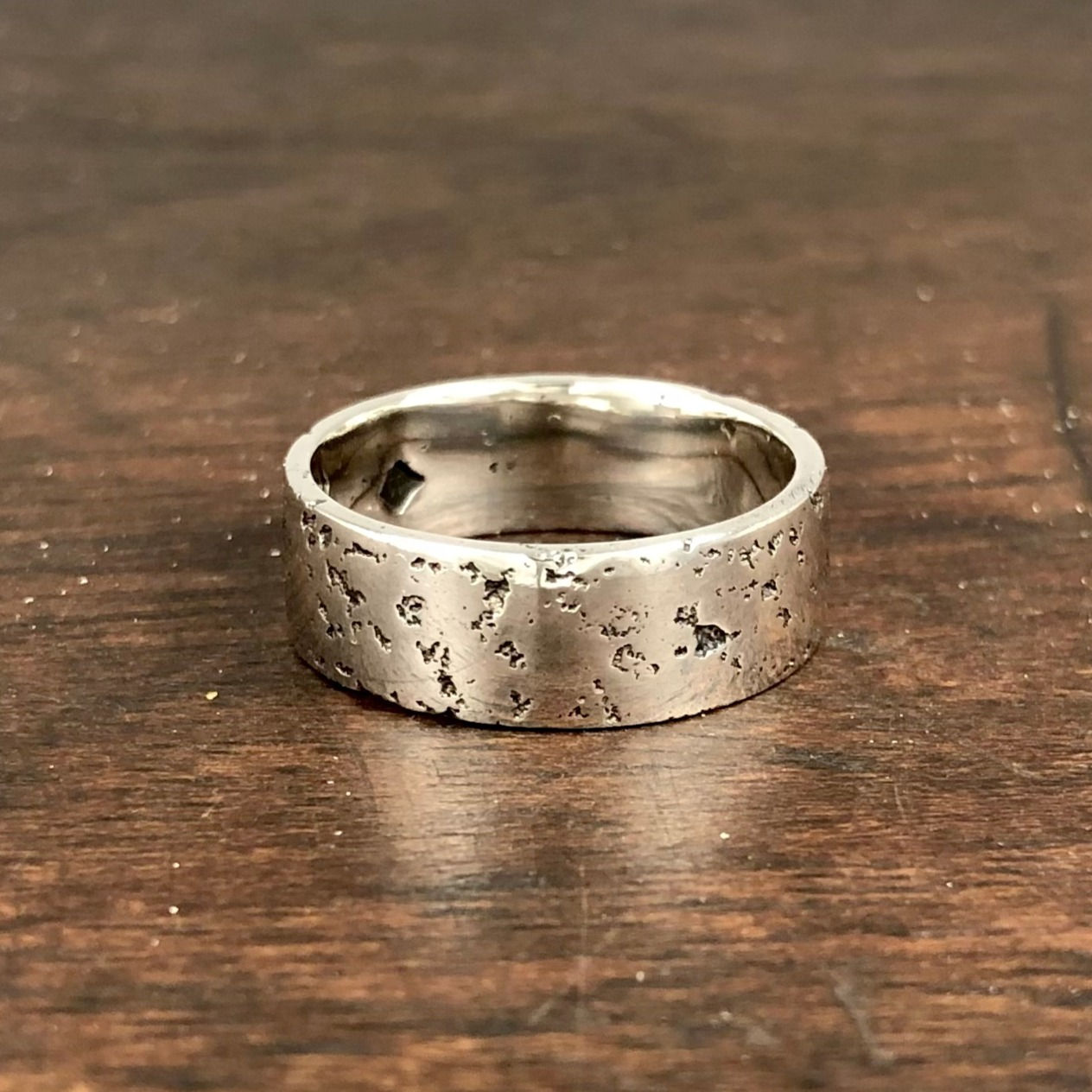 Sand Cast Stone Silver Ring, Thick 7mm Flat Band.