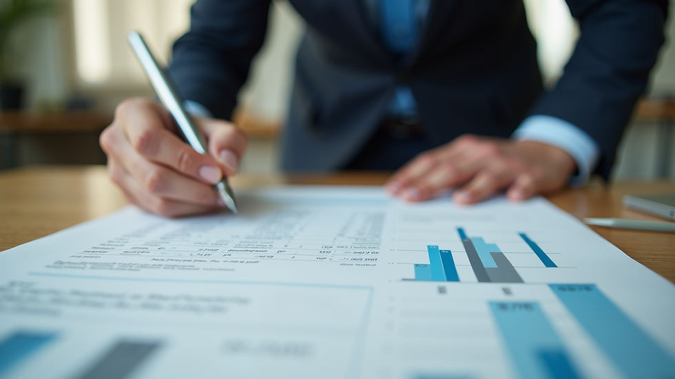 Close-up view of a person organizing financial documents on a desk