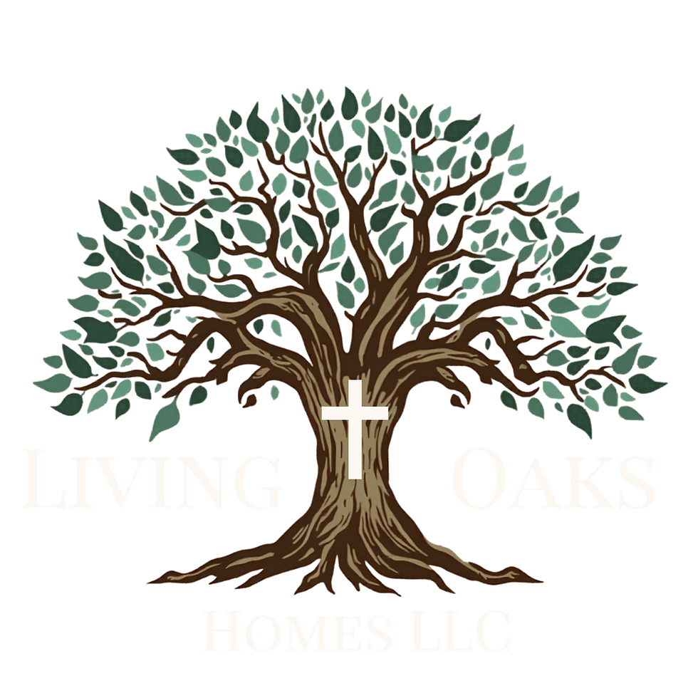 Living Oaks Homes, LLC logo, oak tree with cross