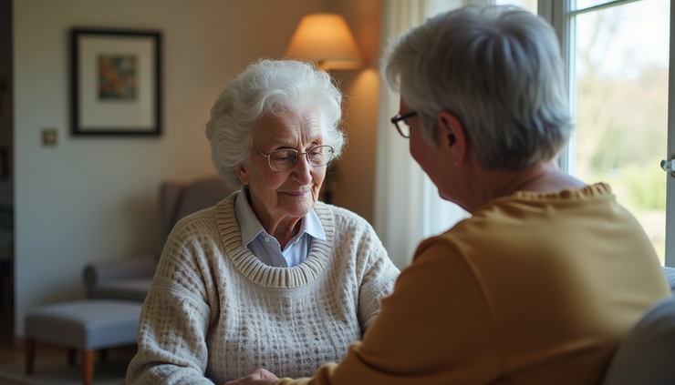 Eye-level view of a caregiver assisting an elderly person in a cozy Michigan home