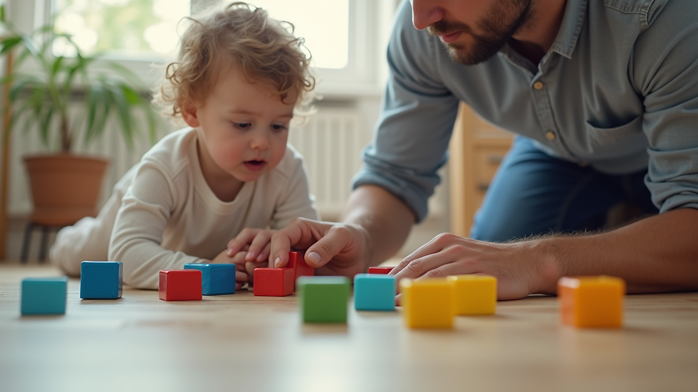 Close-up view of a dad and toddler playing with building blocks on the floor