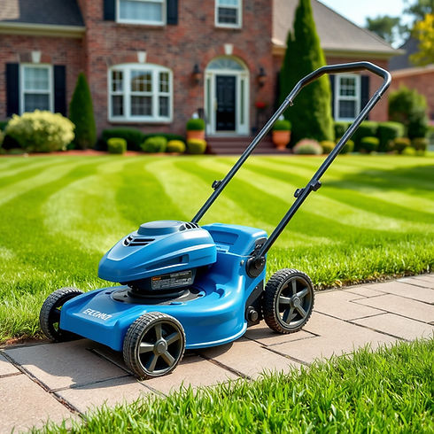 Create an image of a luxury home with a well maintained and striped lawn. Have a blue pres