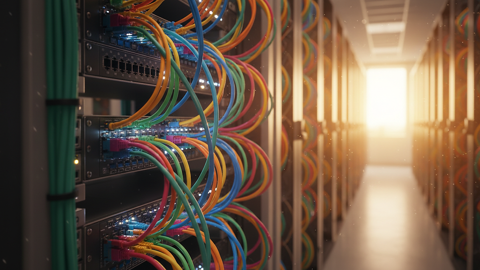 Close-up view of network cables connected to a server rack