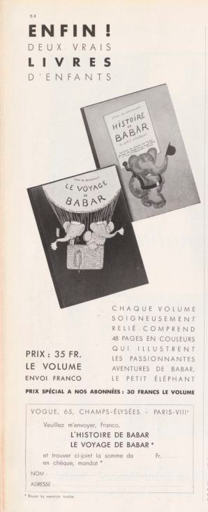 Publicité pour les livres des aventures de Babar